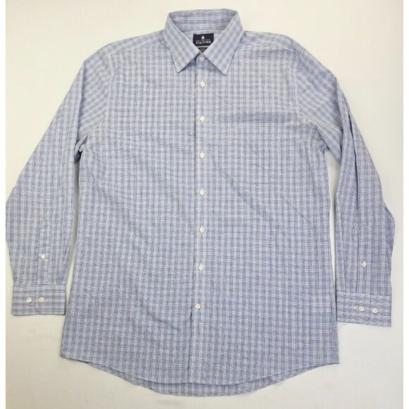 Stafford Fitted Size 16.5 34-35 Mens White Blue Black Check Long Sleeve Shirt - Picture 1 of 9